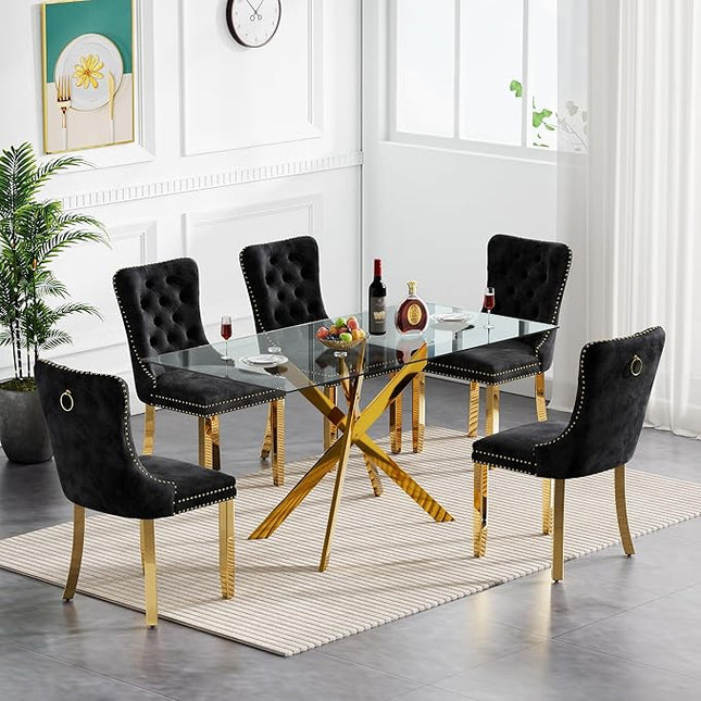 60.63in Rectangular Glass Dining Table Set for 6, Glass Gold Kitchen Table and Chair Set for 6, Modern 7 Piece Dining Room Set with 6 Fabric Upholstered Chairs, Metal Legs Home Kitchen Furniture