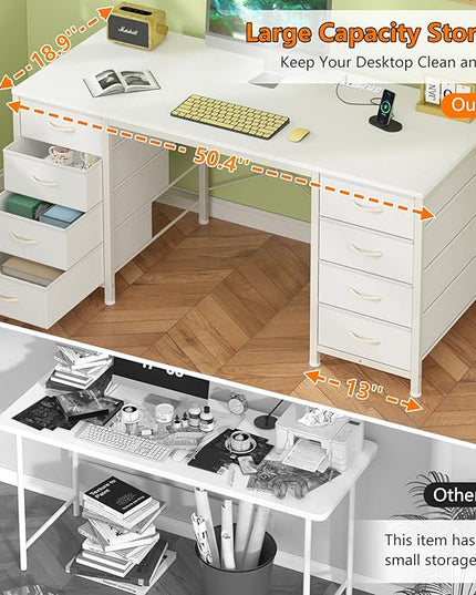 50 Inch White Computer Desk with 8 Drawers, Home Office Desk with Power Outlets, Work Study Gaming Desk with 8 Fabric Drawers, White