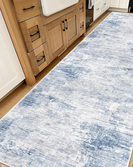 IOHOUZE Abstract Runner Rug 3x14 Ft Washable Runners for Hallways, Non Slip Kitchen Runner Printed Faux Wool Entryway Runner Indoor, Modern Abstract Floor Carpet for Hall Stair, Light Blue White