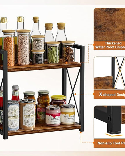 Giikin Kitchen Counter Shelf, Kitchen Countertop Organizer, 2 Tier Spice Rack for Counter, Wood Coffee Bar Organizer for Coffee Station (Brown, L)