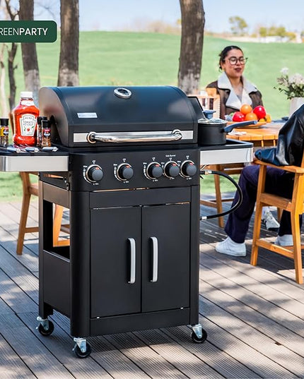 2 in 1 Propane Gas BBQ Grill with Side Burner & Porcelain-Enameled Cast Iron Grate, 4-Burner Flat Top Griddle, 46,700 BTU Outdoor Barbecue Propane Griddle Grill Combo for Camping, Patio, Backyard