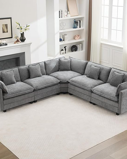 137'' V Shaped Cloud Sectional Sofa, Oversized Deep Seat Couches for Living Room, Chenille Comfy Upholstered Modular Sectional Sofa Couch, Grey