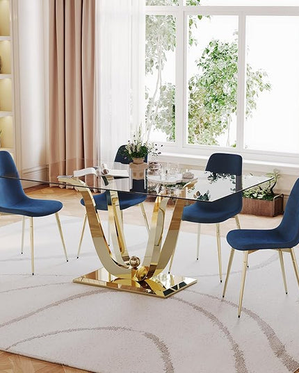 70'' Glass Dining Table for 4-8 People, Tempered Glass Top and Gold U Stainless Steel Base, Large Dining Room Desk for 6, Modern Glass Gold Kitchen Table for 6