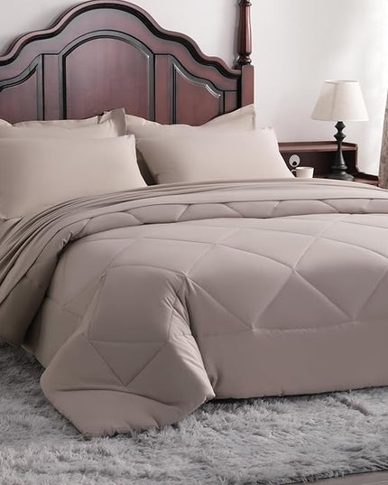 NTBAY King Comforter Set with Sheets, 7 Pieces Soft and Breathable King Bedding Set, Bed in a Bag, Down Alternative Comforter Set Solid Color All Season, King Bedding Set, Taupe
