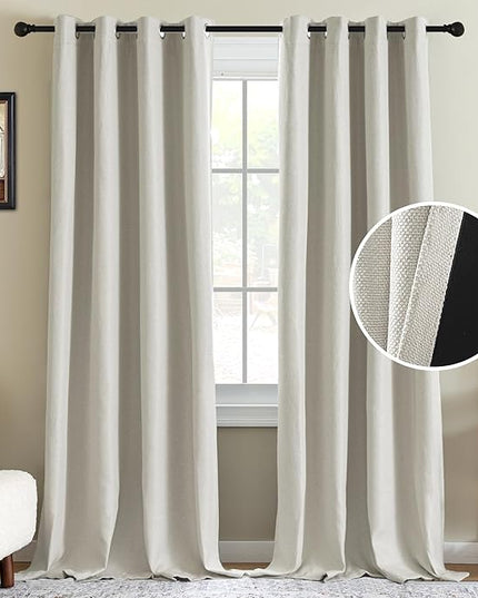 H.VERSAILTEX 90% Blackout Linen Curtains 108 Inches Long for Bedroom/Living Room Thermal Insulated Grommet Curtain Drapes Primitive Textured Burlap Effect Window Drapes 1 Panel - Heather Ivory/Black