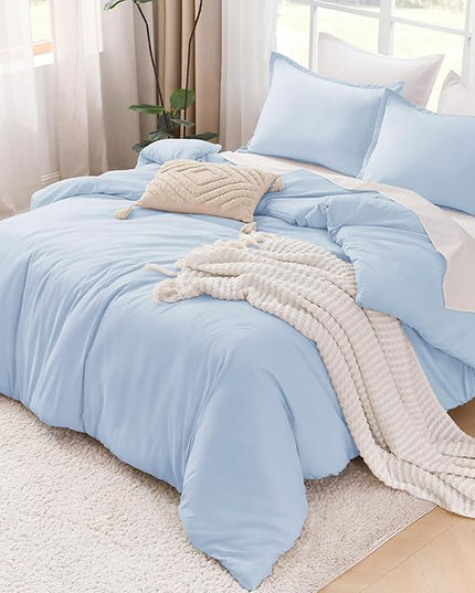 Litanika Comforters Light Blue Full Size, 3 Pieces Lightweight Solid Bedding Comforter Set, All Season Fluffy Bed Set (79x90In Comforter & 2 Pillowcases)