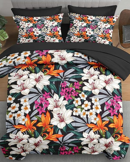 Comforter Set Queen Size, Tropical Leaves Flower 7 Pcs Bedding for Kids and Adults, Floral Hawaii Hibiscus Bed Sheet Sets with Fitted Sheet 2 Pillowcases & 2 Shams for Bedroom Bed Decor