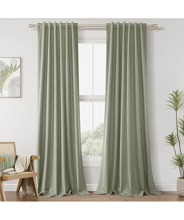 Sage Green Linen Blackout Curtains 96 Inch Length 2 Panels Set for Living Room Bedroom Back Tab Thermal Insulated 100% Black Out Linen Drapes Room Darkening Window Curtains 40 Wide