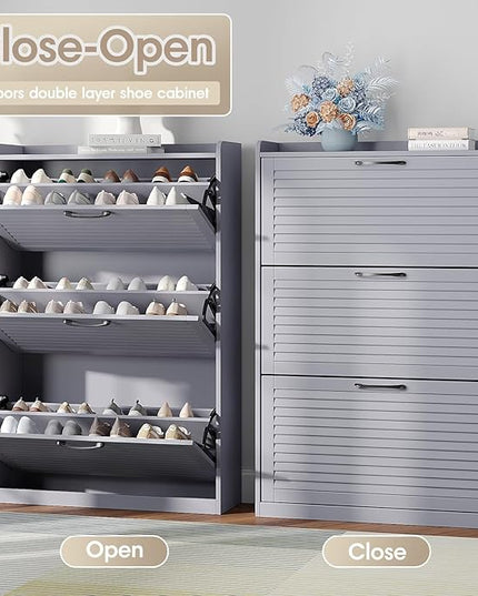 Maupvit Shoe Storage Cabinet with 3 Flip Louvered Doors, Freestanding Organizer with Metal Hinges, Shoe Cabinet for Entryway, Narrow Shoe Rack Cabinet, Noble Blue Gray