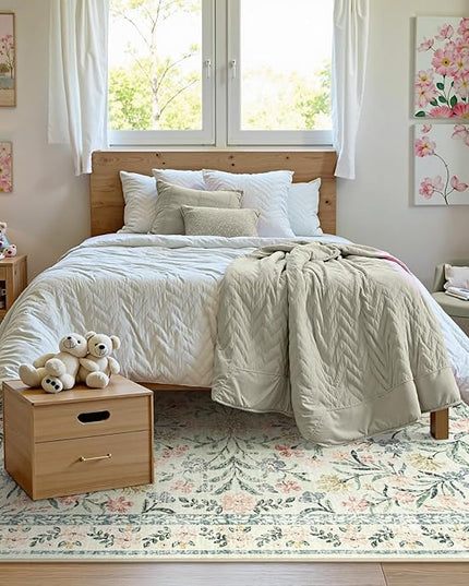 Wonnitar Washable 6x9 Area Rugs, Soft Floral Rug for Bedroom Kids Playroom Light Colored Carpet, Non Slip Ultra-Thin Indoor Beige Carpet for Living Room Classroom Office