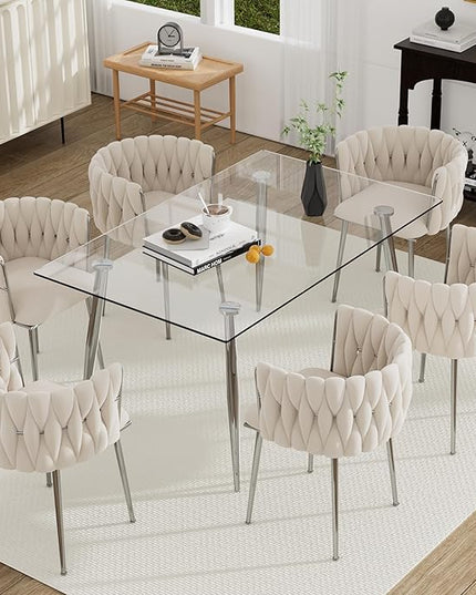 Silver Glass Dining Room Table Set for 6, 51'' Modern Luxury Rectangular Dinner Table Set, 7 PCS Clear Glass Top Minimalist Kitchen Table Set, Ivory Woven Dining Chair for Small Apartment