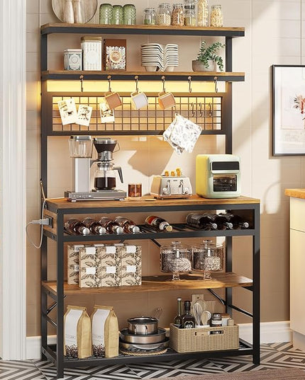 Itaar Bakers Rack with Power Outlet, 6-Tier Coffee Bar, Microwave Stand with Wine Rack, LED Lights and 10 Hooks, Bakers Racks for Kitchens with Storage, Rustic Brown