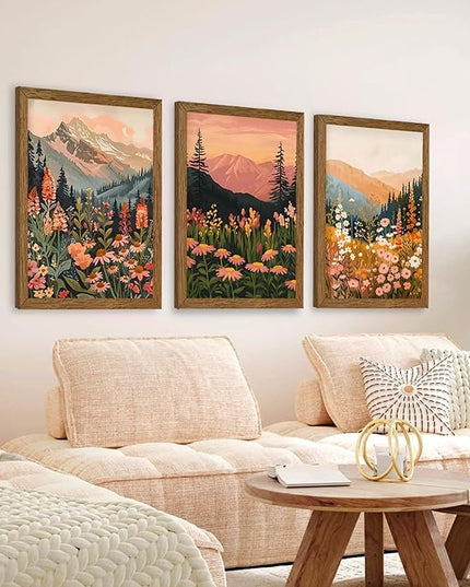 InspiredHues Large Colorful Landscape Boho Canvas Wall Art Set, 3 Piece Wildflower Mountain Wall Decor, Vintage Floral Rustic Nature Artwork Prints for Living Room Bedroom Office 20x30 In Wood Framed