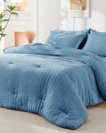 HYMOKEGE Mineral Blue King Size Comforter Set Seersucker 7 Pieces, All Season Luxury Bed in a Bag for Bedroom, Bedding Set with Comforter, Sheets, Pillowcases & Shams