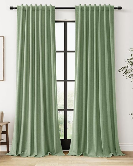 Guken 100% Blackout Linen Curtains 100 Inch Length 2 Panels Set for Living Room Bedroom Back Tab Thermal Insulated Black Out Linen Drapes Room Darkening Window Curtains,Light Sage