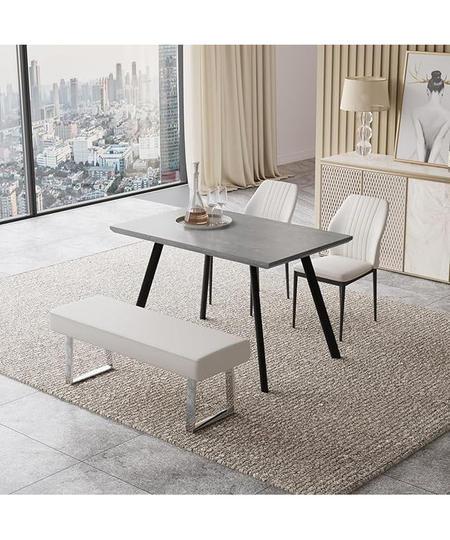 ZckyCine Modern Mid-Century Style 4-Piece Dining Table Set Rectangular Wooden Table 2 Soft Cushioned Leather Chairs 1 Bench, Suitable for 4-Person Dining