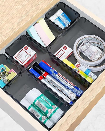 10 PCS Drawer Organizer Set, 4 Varied Size Bathroom and kitchen Drawer cabinet organizer Trays, Clear Storage Bins for Makeup, Jewelry, Utensils and Gadgets, Black