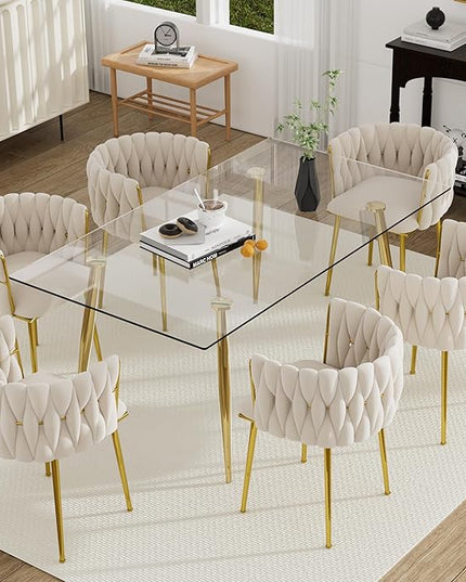 Gold Luxury Glass Dining Table Set for 6, 7 Pcs Clear Glass Top Rectangle Dinner Table Set, 63'' Modern Minimalist Kitchen Table Set, Ivory Woven Chair, for Living Room Large Apartment