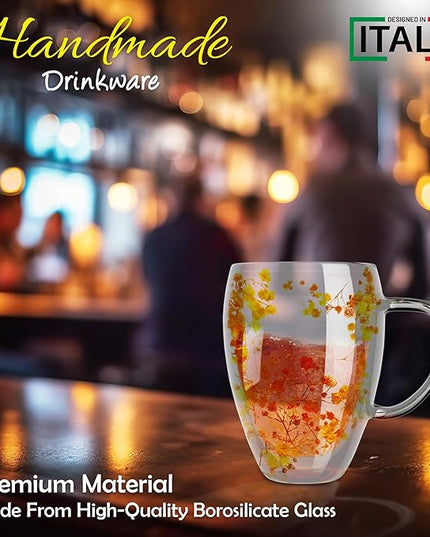 Gusto Buono 11oz Double Wall Glass Mugs, Set of 4 – Orange/Yellow Dry Flowers Design | Handmade, Heat-Resistant, Handwash Only | Perfect Coffee Mugs for Parties & Holiday Gifts