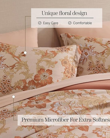 Full Comforter Set -7 Pieces Terrecotta Floral Comforter Set for All Seasons, Bed in a Bag Full with Botanical Flowers Comforter, Sheets, Pillowcases & Shams