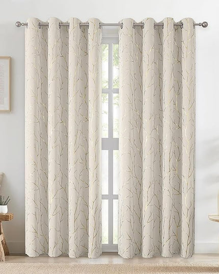 BUHUA Blackout Curtains 72 Inches Length, Thermal Curtain for Bedroom 2 Panels Set, Room Darkening Curtains with Gold Shinny Branches Tree Patern, 52W×72L Natural