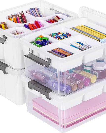 Citylife 17 QT Plastic Storage Box with Removable Tray and 6 Detachable Tall Inserts Craft Organizers and Storage Clear Storage Container for Organizing Crayon, Craft, Sewing, Playdoh, 4 Packs