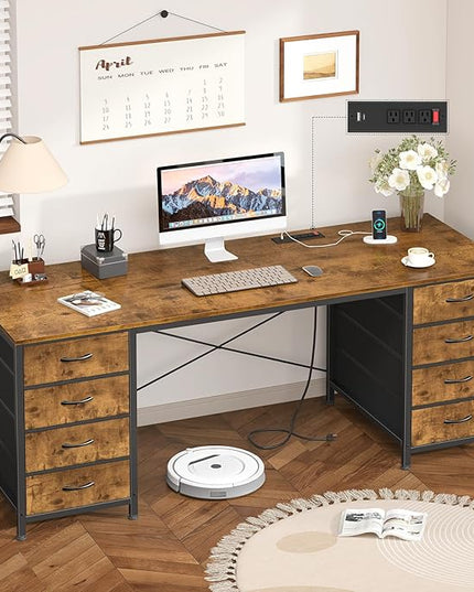60 Inch Computer Desk with 8 Drawers, Home Office Desk with Power Outlets, Work Study Gaming Desk with 8 Fabric Drawers, Rustic Brown