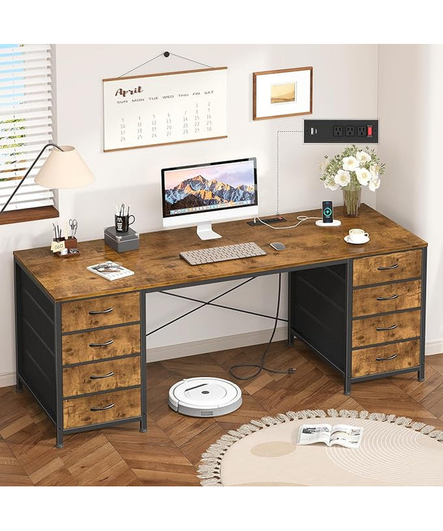 60 Inch Computer Desk with 8 Drawers, Home Office Desk with Power Outlets, Work Study Gaming Desk with 8 Fabric Drawers, Rustic Brown