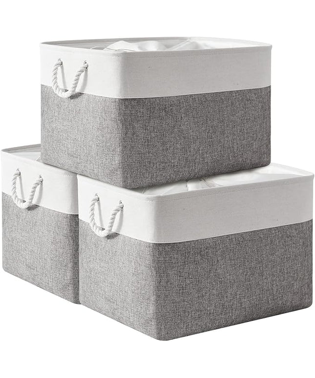 TheWarmHome Storage Bins Baskets for Organizing, 20.5L×15.7W×13.8H 3 Pack Sturdy Fabric Storage Basket W/Handles, Decorative Foldable Storage Baskets for Shelves Closet Nursery Toy (White & Grey)