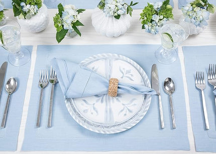Solino Home Linen Placemats Set of 4 - Classic Hemstitch Sky Blue Placemats 14 x 19 Inch - 100% Pure Linen Table Mats for Christmas, Holiday, New Year