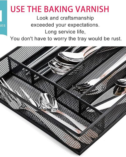 JANE EYRE Utensil Drawer Organizer, Cutlery Tray Silverware Flatware Storage Divider for Kitchen, Mesh Wire with Non-slip Foam Feet, 5 Component, Black