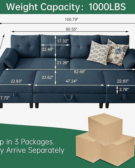 Convertible Sectional Sofa with Storage Ottoman Bench, 101" U Shaped Couch 4-Seat Sofa Set for Living Room/Apartment, Sectional Couch with Movable Ottoman, Blue