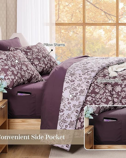 Queen Comforter Set -7 Pieces Floral Dark Purple Comforter Set for All Seasons, Bed in a Bag Queen with Botanical Flowers Comforter, Sheets, Pillowcases & Shams