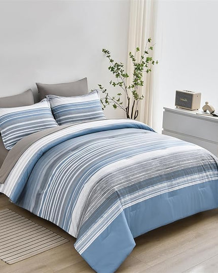 KAKIJUMN 7 Piece Bed in a Bag Stripe Comforter Set Queen Size, White Grey Blue Patchwork Striped Comforter and Sheet Set, All Season Soft Microfiber Complete Bedding Set(Light Blue,Queen)