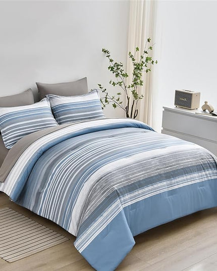 KAKIJUMN 7 Piece Bed in a Bag Stripe Comforter Set Full Size, White Grey Blue Striped Comforter and Sheet Set, All Season Soft Microfiber Complete Bedding Set(Light Blue,Full)