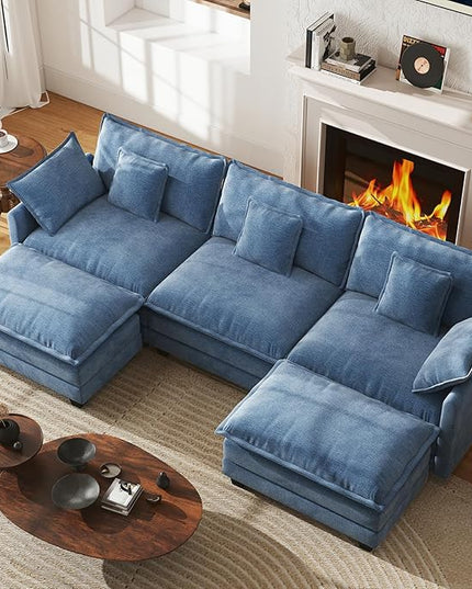 WorthFurni 111.4” Modular Sectional Sofa, U Shape Cloud Couch with 2 Movable Ottoman, Comfy Chenille Deep Seat Sofa with Soft Pillows for Living Room Apartment (Blue)