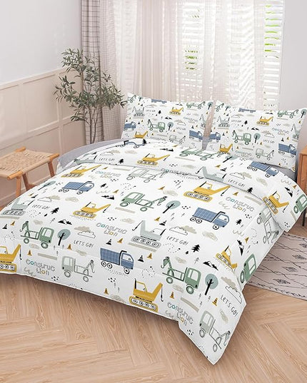 NINENINE Boys Construction Bedding Set Full, 3-Piece Kids Comforter Set for Boys, Soft Lightweight Microfiber Kids Excavator Comforter Set with 2 Pillowcases