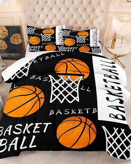 NINENINE Black Basketball Bedding Set for Boys Kids Teens Full Size Sports Comforter Basketball and Hoop Bedding Soft Microfiber Quilt Bed Set with 1 Comforter 2Pillowcases