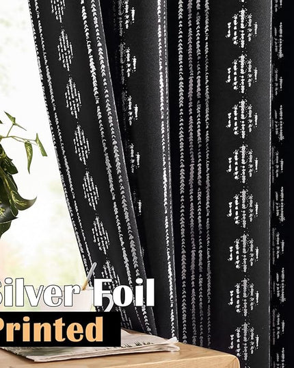 jinchan 95% Blackout Boho Curtains 84 Inches Long for Christmas Bedroom Living Room Decor Festive Silver Geometric Foil Printed Curtain Grommet Top Room Darkening Drapes Off White 52 x 84 2 Panels
