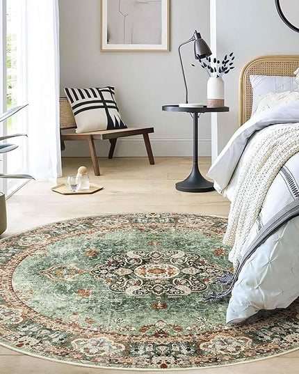 Green Round Rug 5ft, Circle Boho Area Rugs for Bedroom Living Room,Washable Vintage Bohemian Distressed Oriental Floral Carpet Non Slip,Sage