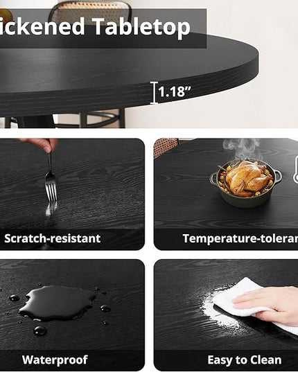 LIKIMIO Round Dining Table for 4, 47.2” Wooden Kitchen Table with Rattan Storage Shelf, Space-Saving for Modern Dining Room, Living Room, Black