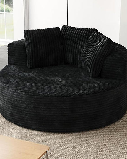 JACH Oversized Round Lazy Sofa Chair with Three Pillows, 50" Corduroy Deep Seat Single Sleeper Sofas, Upholstered Chaise, Cloud Couch for Living Room, Apartment, Black