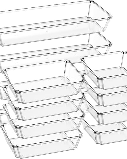 12 Pack Large Clear Plastic Drawer Organizer Trays, Desk Drawer Organizers and Storage Dividers, Non-Slip Storage Bins for Jewelry, Snacks, Office, Bathroom, Bedroom and Kitchen