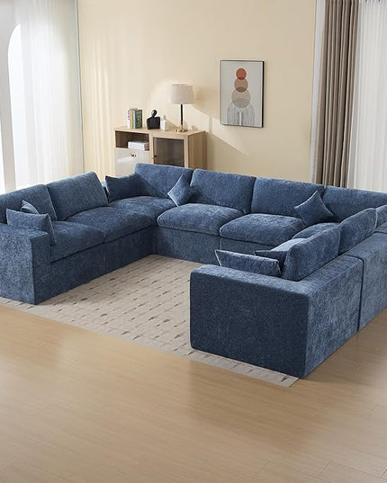 155''Cloud Boneless Sectional Couch, Modular Sectional Sofa Deep Seat, Oversized Upholstered Convertible Comfy 8 Seater Chenille Memory Foam Sofa U Shape Couches for Living Room, Blue