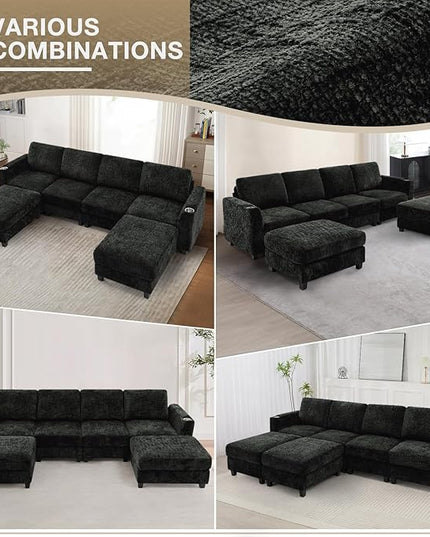 110" Chenille U-Shape Sofa with Flexible Ottomans, Comfy Sectional Sofa with 2 Built-in Cup Holders, Convertible 4 Seats Couch with Well-Filled Back Cushions for Living Room, House, Black