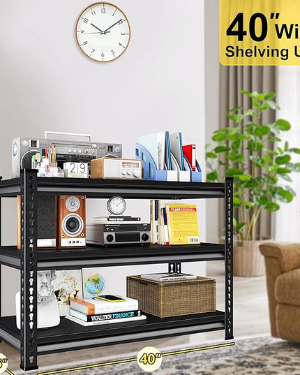 Metal Heavy Duty Garage Shelves: 40''W 1,200Lbs Steel Adjustable Storage Industrial Utility Shelving Rack Units 3 Tier Black 40" W x 16" D x 36" H