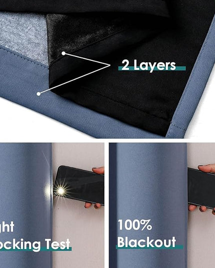 ChrisDowa 100% Blackout Curtains 102 inch Long for Bedroom with Black Liner, 2 Thick Layers Total Blackout Thermal Insulated Grommet Window Curtains 2 Panels Set (Stone Blue, 52 x 102 Inch)