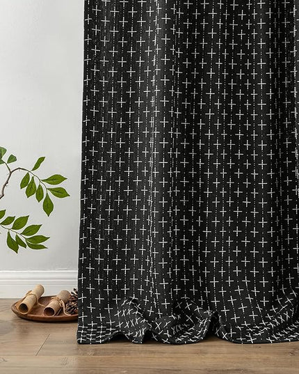 MIULEE Decorative Back Tab Linen Curtains with Geometric Pattern for Living Room Bedroom Farmhouse Rustic Thick Woven Textured Patterned Mudcloth Drapes 72 Inches Long 2 Panels Set, Black