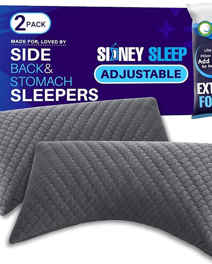 Sidney Sleep Set of 2 Queen Size Bed Pillows for Side and Back Sleepers - Adjustable Filling - Memory Foam Pillows for Neck and Shoulder Pain - Customizable Loft - Extra Foam Included (Grey)