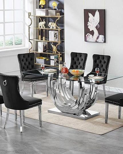 Goujxcy 70" Modern Glass Dining Table for 6-8, Luxury Silver Glass Dining Room Table with Mirrored Ring-Shape Stainless Steel Base, Rectangle Kitchen Dinner Tables for Dining Room Kitchen